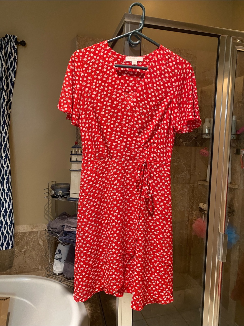 Red Short-Sleeve Floral Wrap Mini Dress